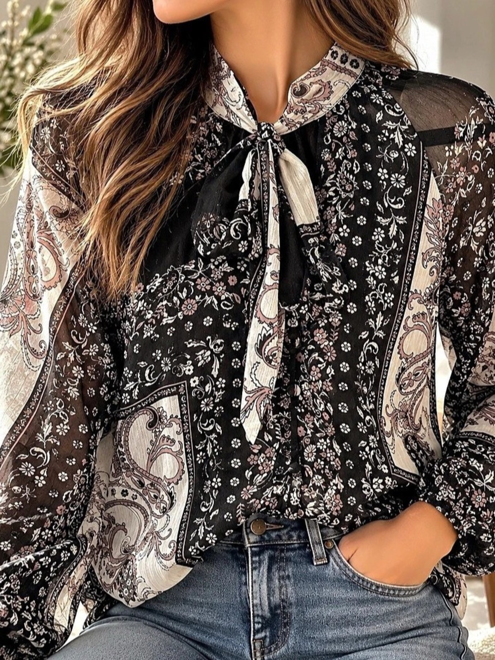 Small | Haver & Blair | Black Paisley Sheer Tie-Neck Boho Blouse